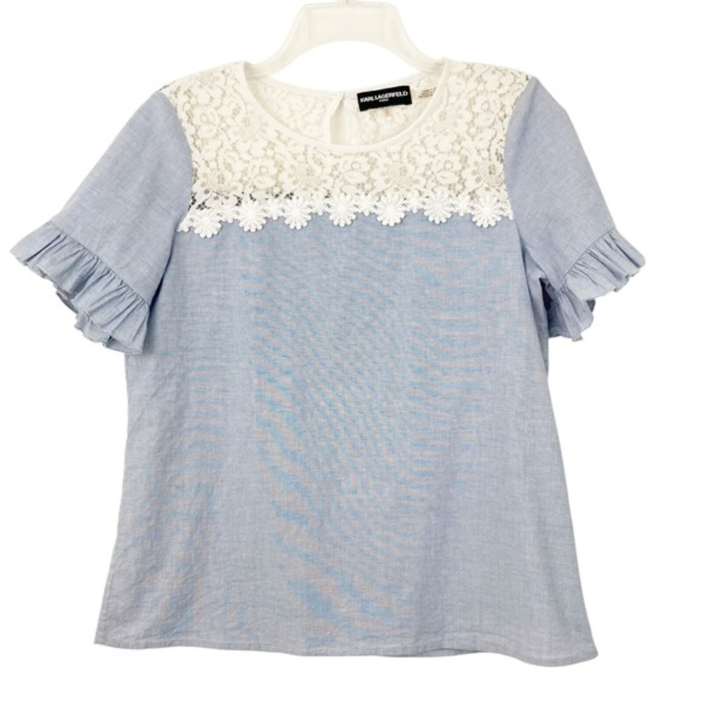 Karl Lagerfeld Short Sleeve Top Size S Blue‎ White Lace Yoke Ruffles Cotton Sky